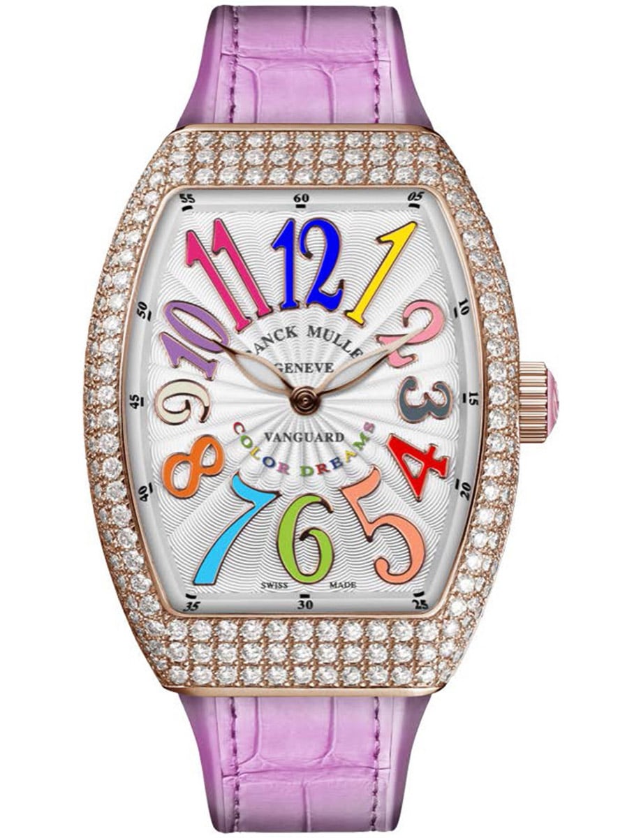 Vanguard Lady 32mm in Rose Gold with Pave Diamond Case on Pink Alligator Leather Strap with Silver Dial