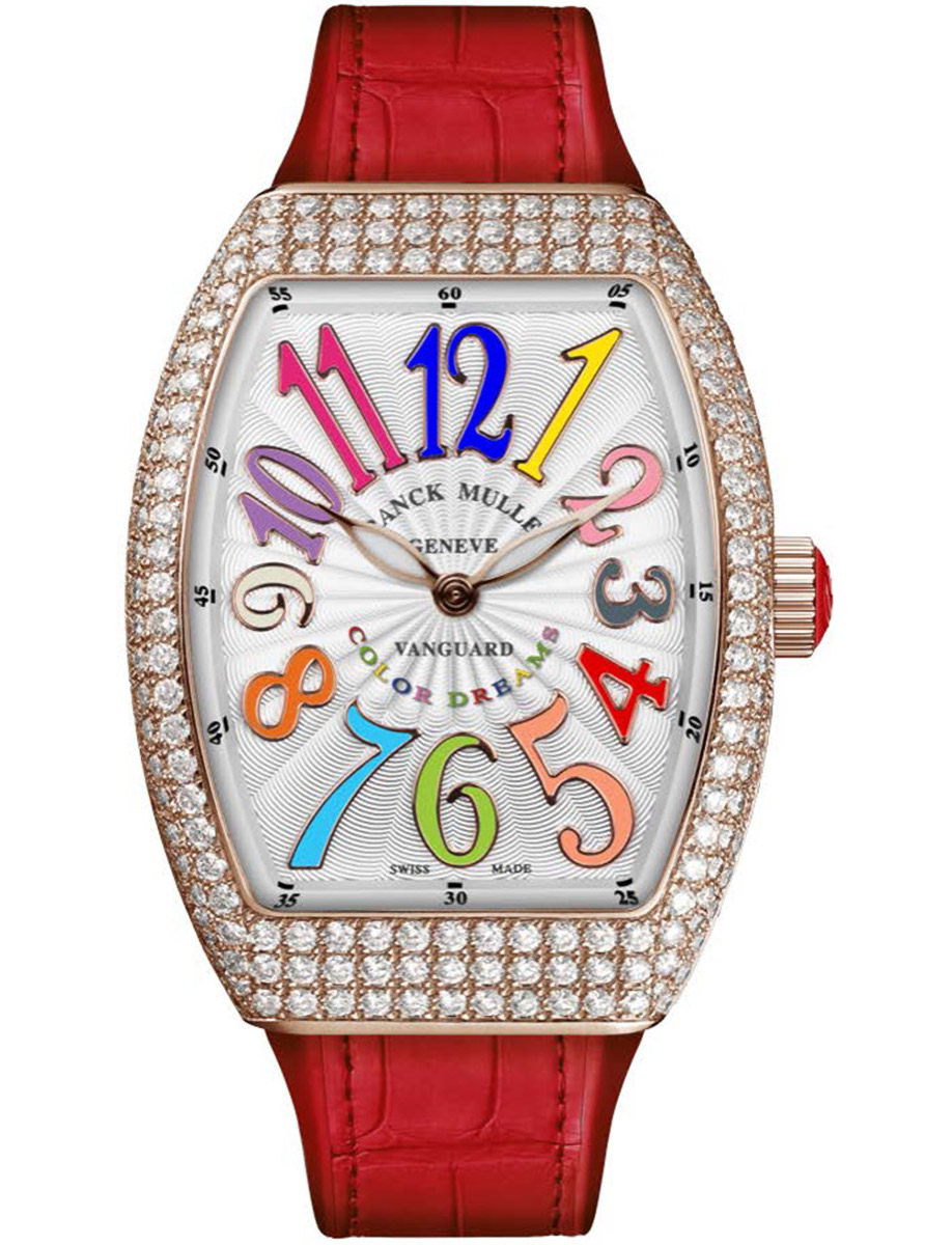 Vanguard Lady 32mm in Rose Gold with Pave Diamond Case on Red Alligator Leather Strap with Silver Dial