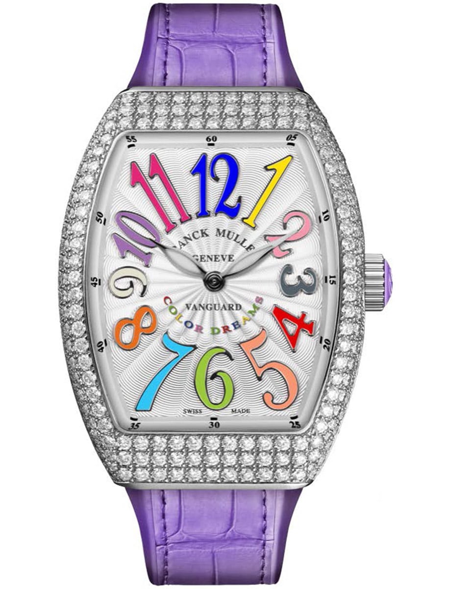 Vanguard Lady 32mm in Steel with Pave Diamond Case on Purple Alligator Leather Strap with Silver Dial