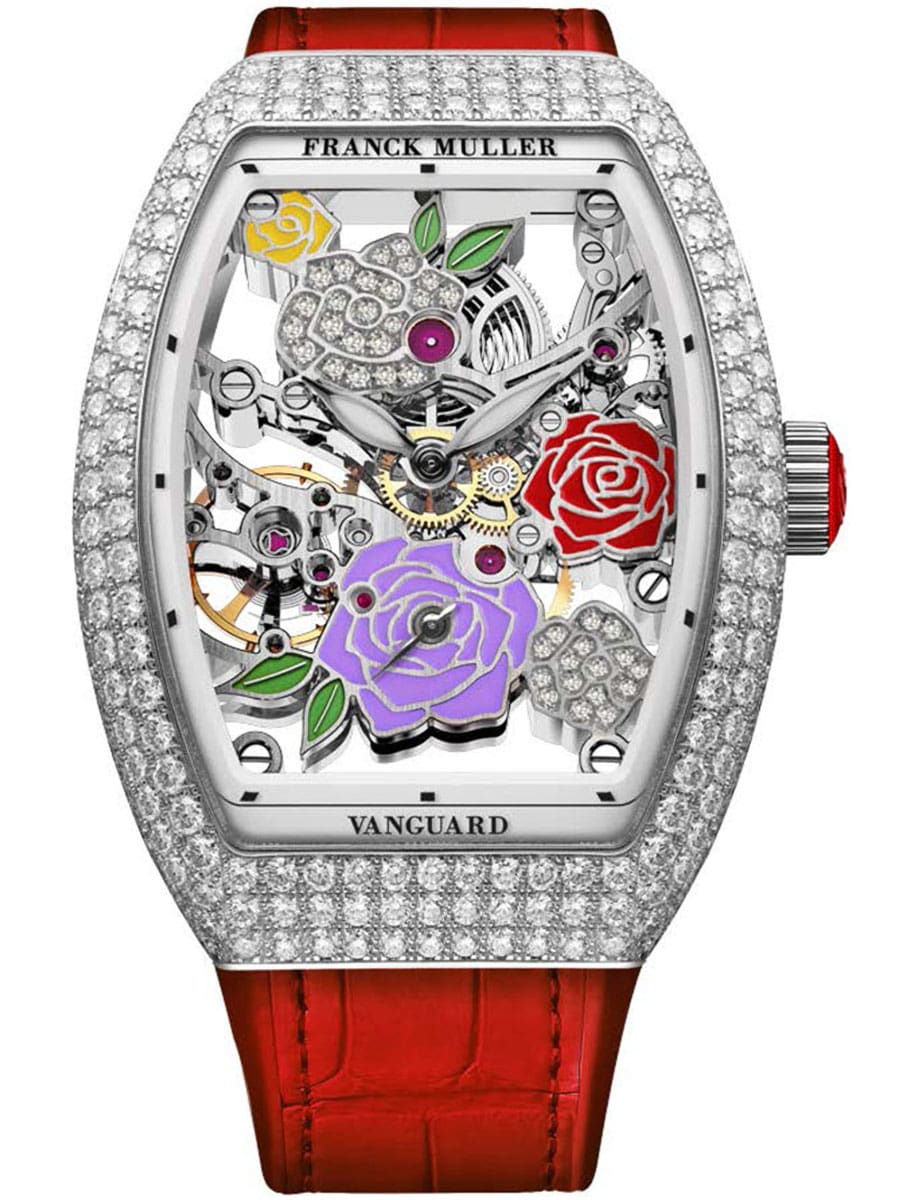 Vanguard Lady 32mm in Steel with Pave Diamond Case on Red Alligator Leather Strap with Openworked Dial