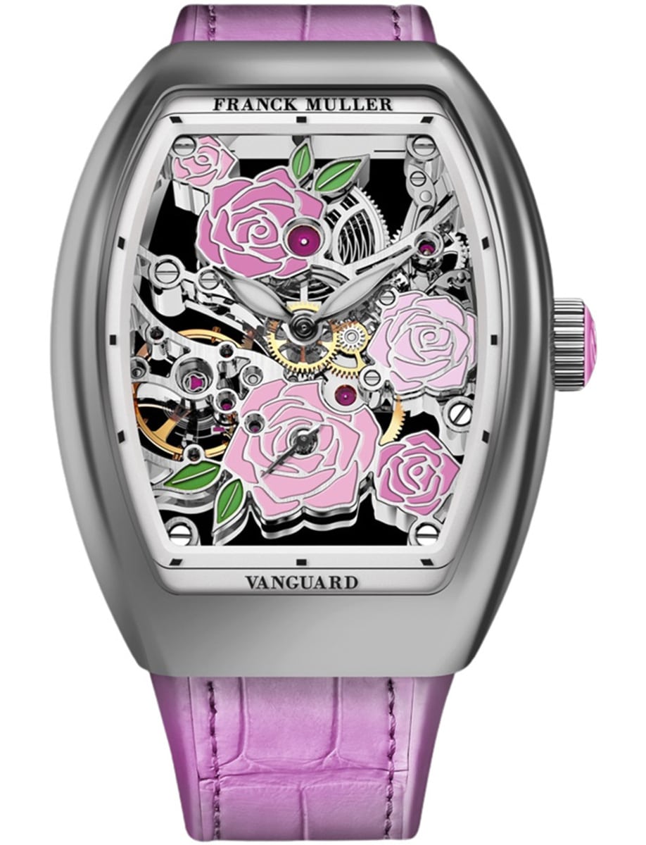 Vanguard Lady 32mm in Steel  on Pink Alligator Leather Strap with Openworked Dial
