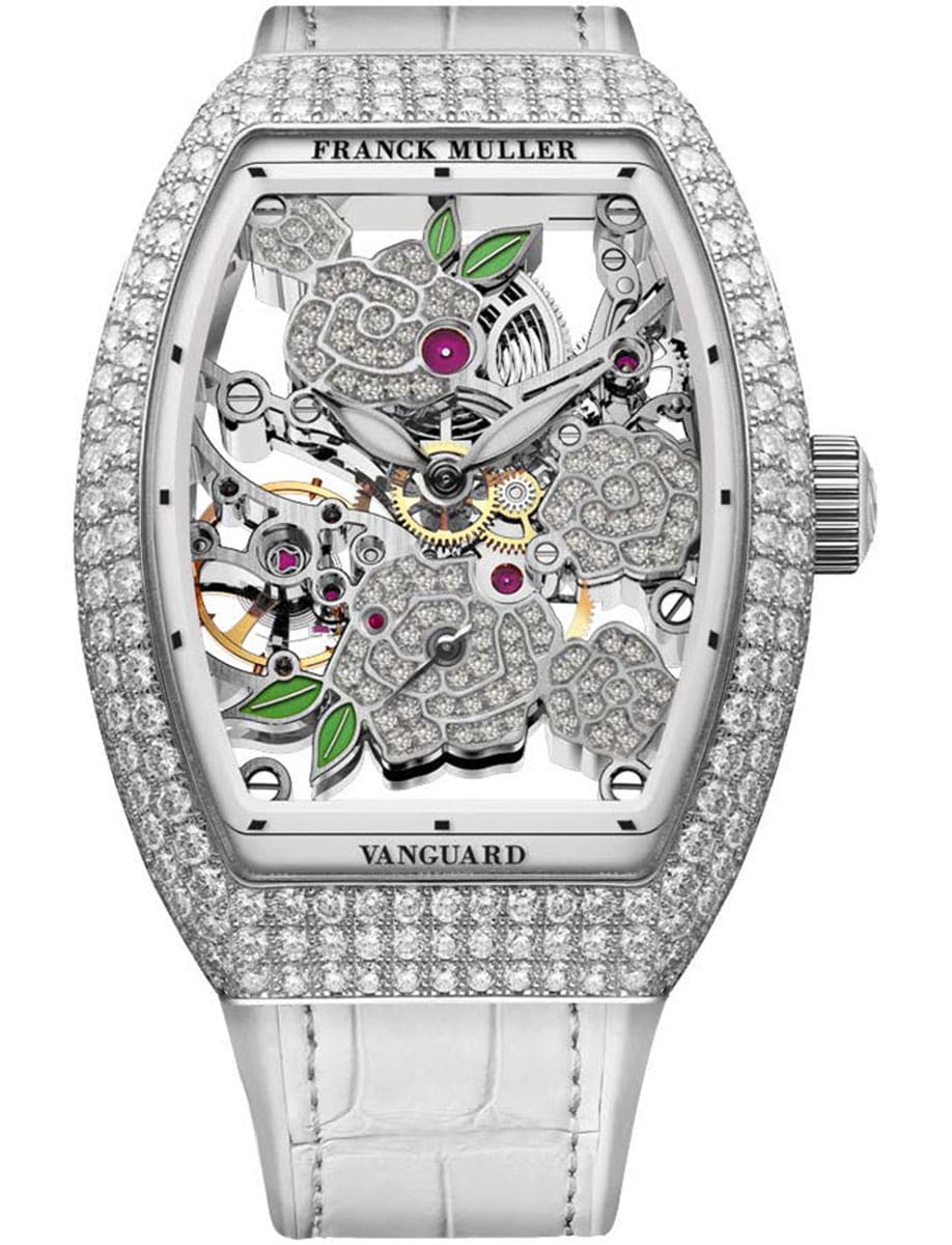 Vanguard Lady 32mm in Steel with Pave Diamond Case on White Alligator Leather Strap with Openworked Diamond Dial