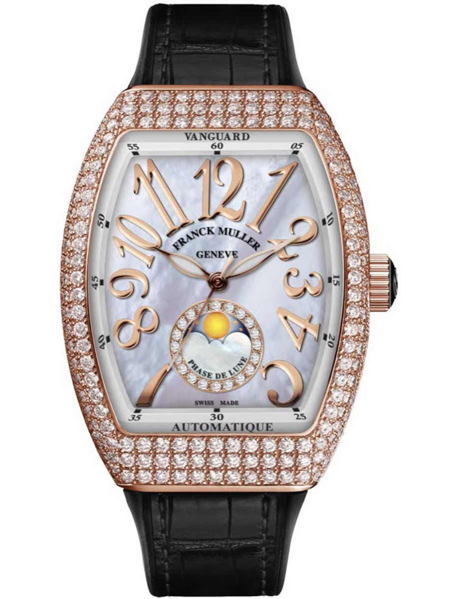 Vanguard Lady 32mm in Rose Gold with Pave Diamond Case on Black Alligator Leather Strap with MOP Diamond Dial