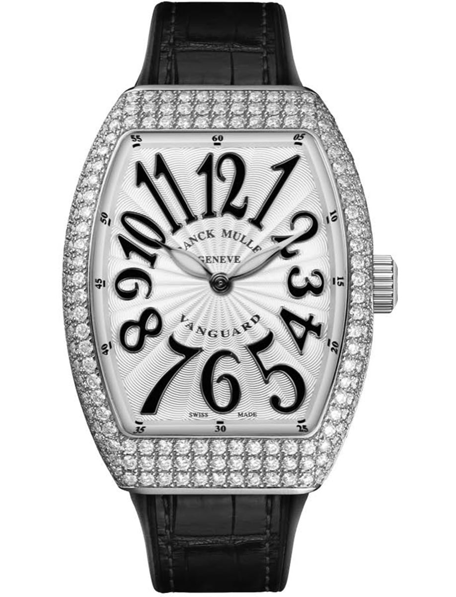 Vanguard Lady 35mm in Steel with Pave Diamond Case on Black Alligator Leather Strap with Silver Dial