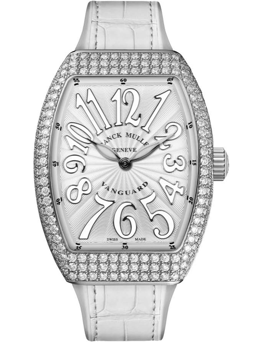 Vanguard Lady 35mm in Steel with Pave Diamond Case on White Alligator Leather Strap with Silver Dial