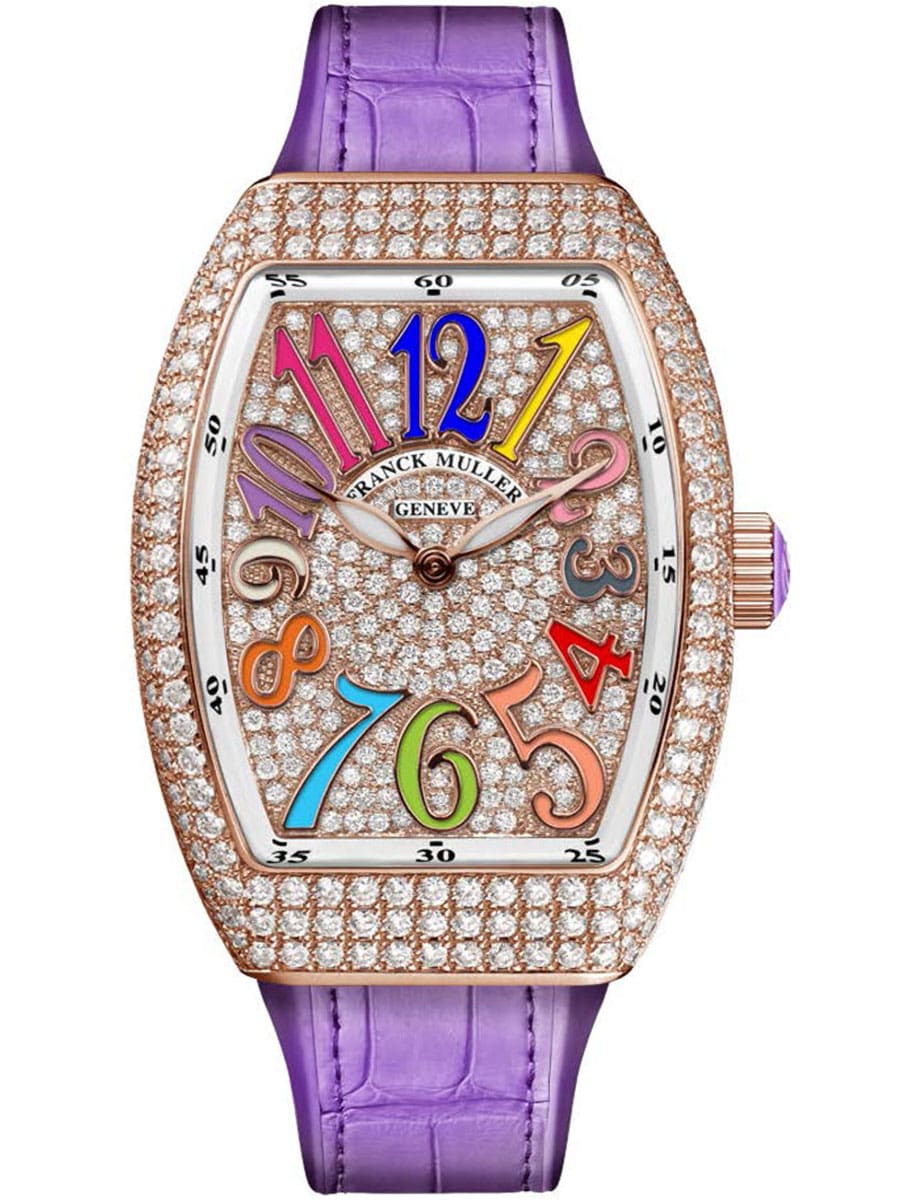 Vanguard Lady 35mm in Rose Gold with Pave Diamond Case on Purple Alligator Leather Strap with Pave Diamond Dial