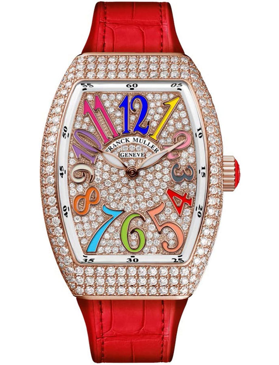 Vanguard Lady 35mm in Rose Gold with Pave Diamond Case on Red Alligator Leather Strap with Pave Diamond Dial