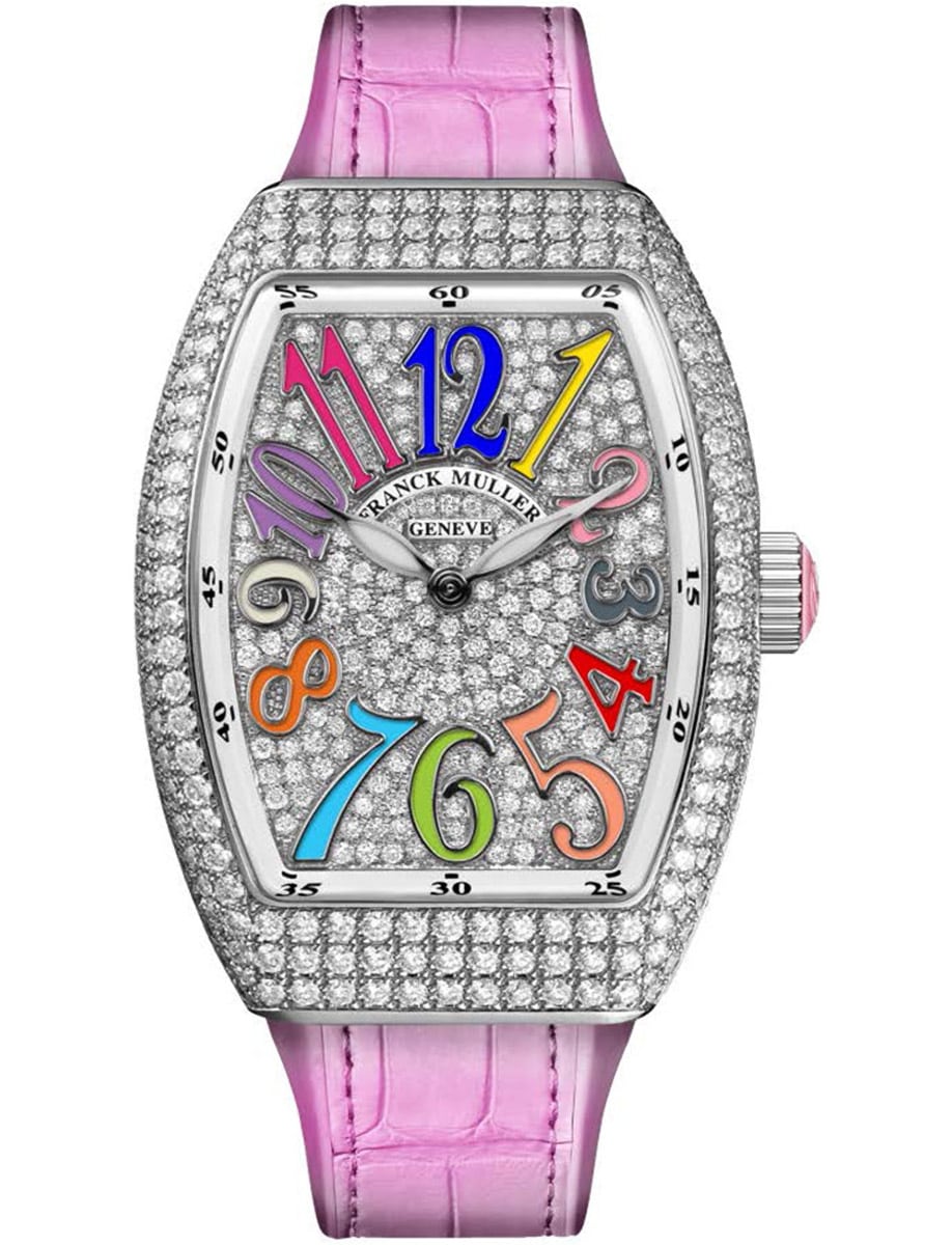 Vanguard Lady 35mm in Steel with Pave Diamond Case on Pink Alligator Leather Strap with Pave Diamond Dial