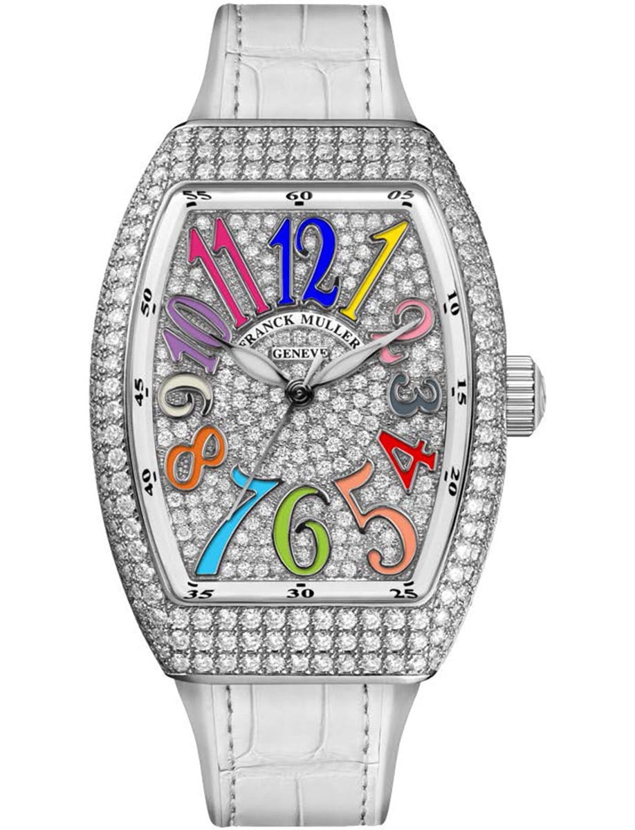 Vanguard Lady 35mm in Steel with Pave Diamond Case on White Alligator Leather Strap with Pave Diamond Dial