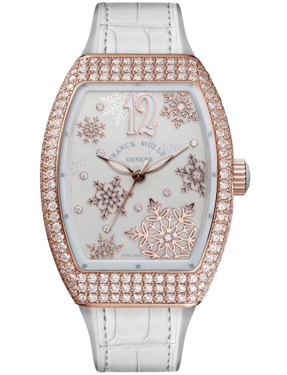Vanguard Lady 35mm in Rose Gold with Pave Diamond Case on White Alligator Leather Strap with White Snowflake Diamond Dial