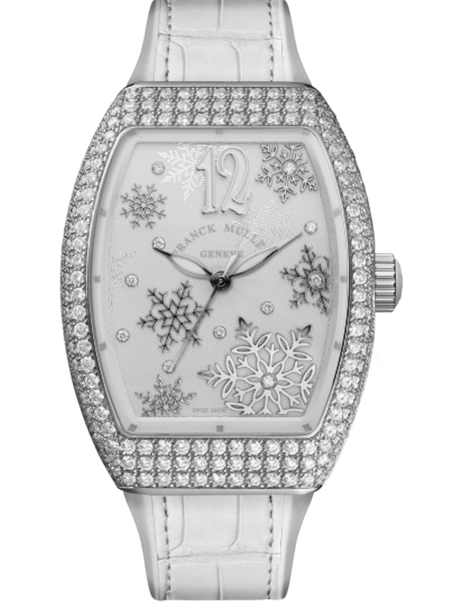 Vanguard Lady Heart 32mm in Steel with Pave Diamond Case on White Alligator Leather Strap with White Snowflakes Diamond Dial 
