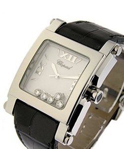 Happy Sport Square in Steel on Black Leather Strap with White Roman Dial with 5 floating Diamonds