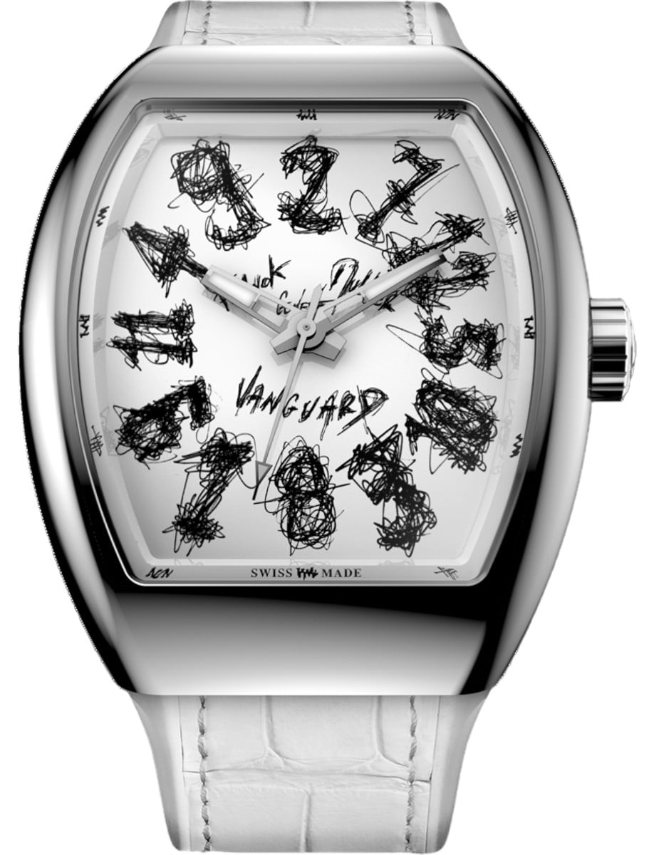 Vanguard Crazy Hours 45mm in Steel - Limited Edition on White Alligator Leather Strap with White Dial