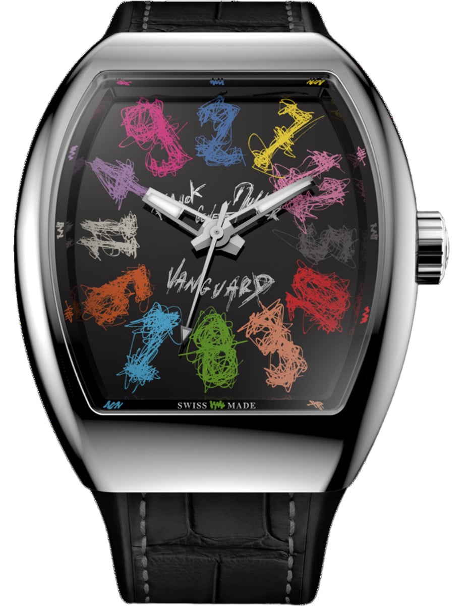 Vanguard Crazy Hours 45mm in Steel - Limited Edition on Black Alligator Leather Strap with Black Dial