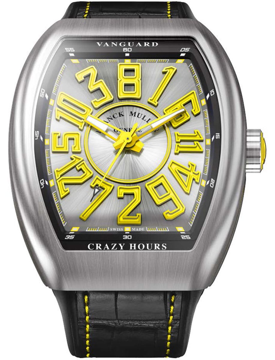 Vanguard Crazy Hours 45mm in Steel - Limited Edition on Black Alligator Leather Strap with Silver Dial - Yellow Accents