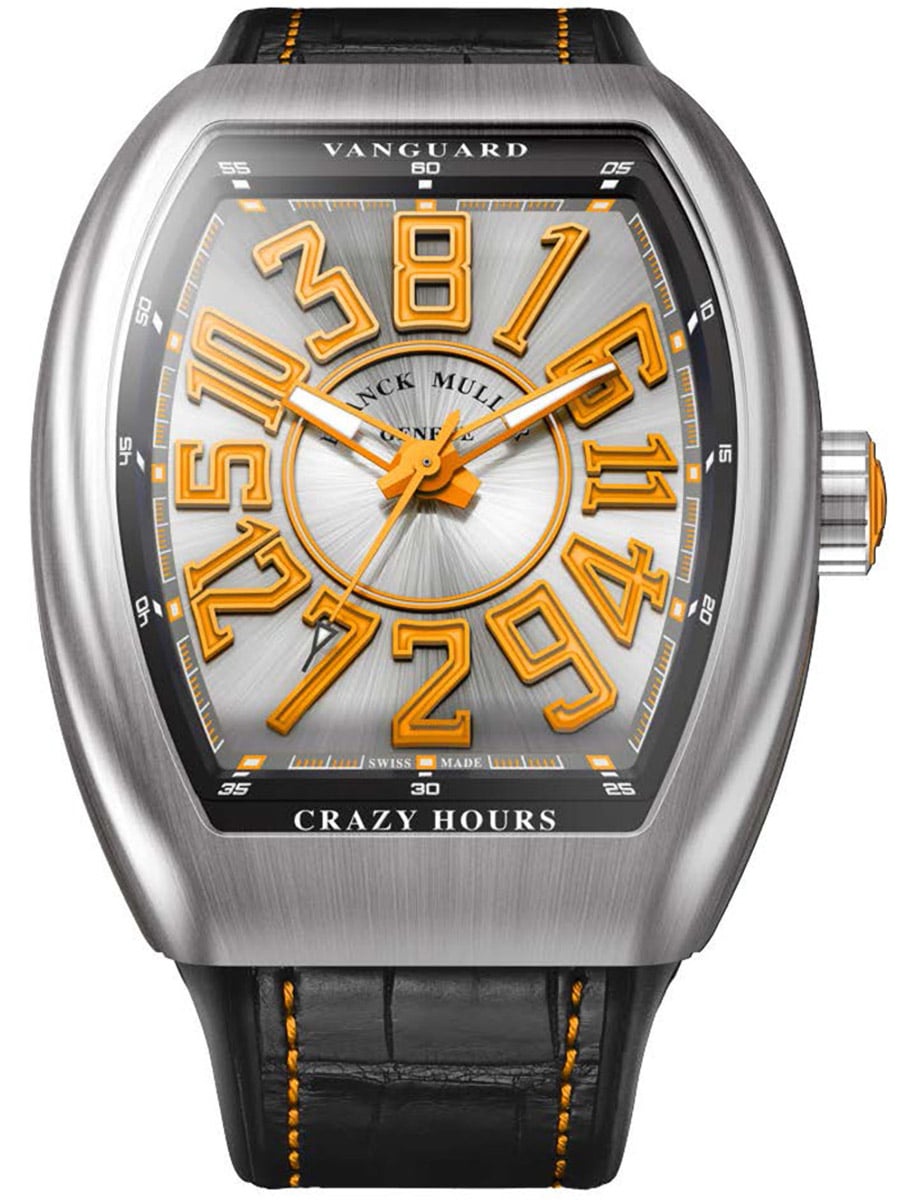 Vanguard Crazy Hours 45mm in Steel - Limited Edition on Black Alligator Leather Strap with Silver Dial - Orange Accents