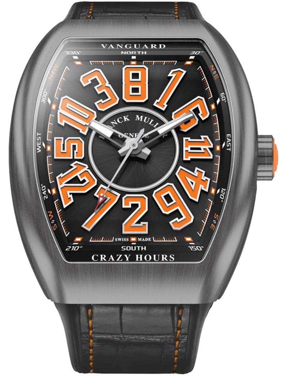 Vanguard Crazy Hours 45mm in Steel - Limited Edition on Black Alligator Leather Strap with Black Dial - Orange Accents