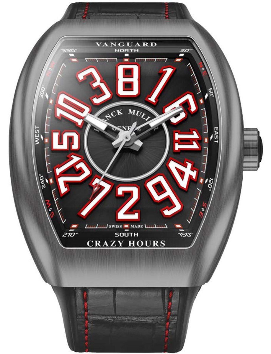 Vanguard Crazy Hours 45mm in Steel - Limited Edition on Black Alligator Leather Strap with Black Dial - Red & White Accents