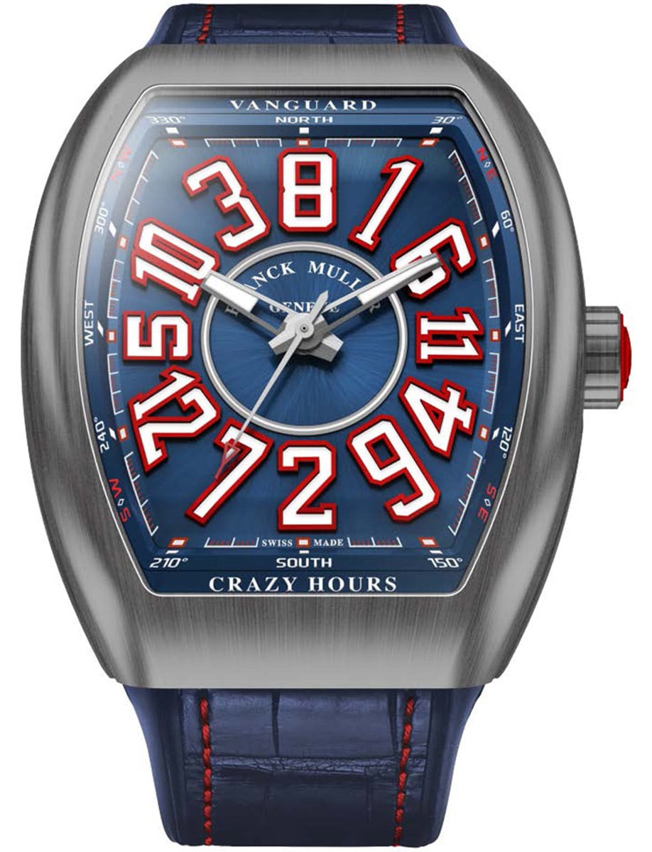 Vanguard Crazy Hours 45mm in Steel - Limited Edition on Blue Alligator Leather Strap with Blue Dial - Red & White Accents