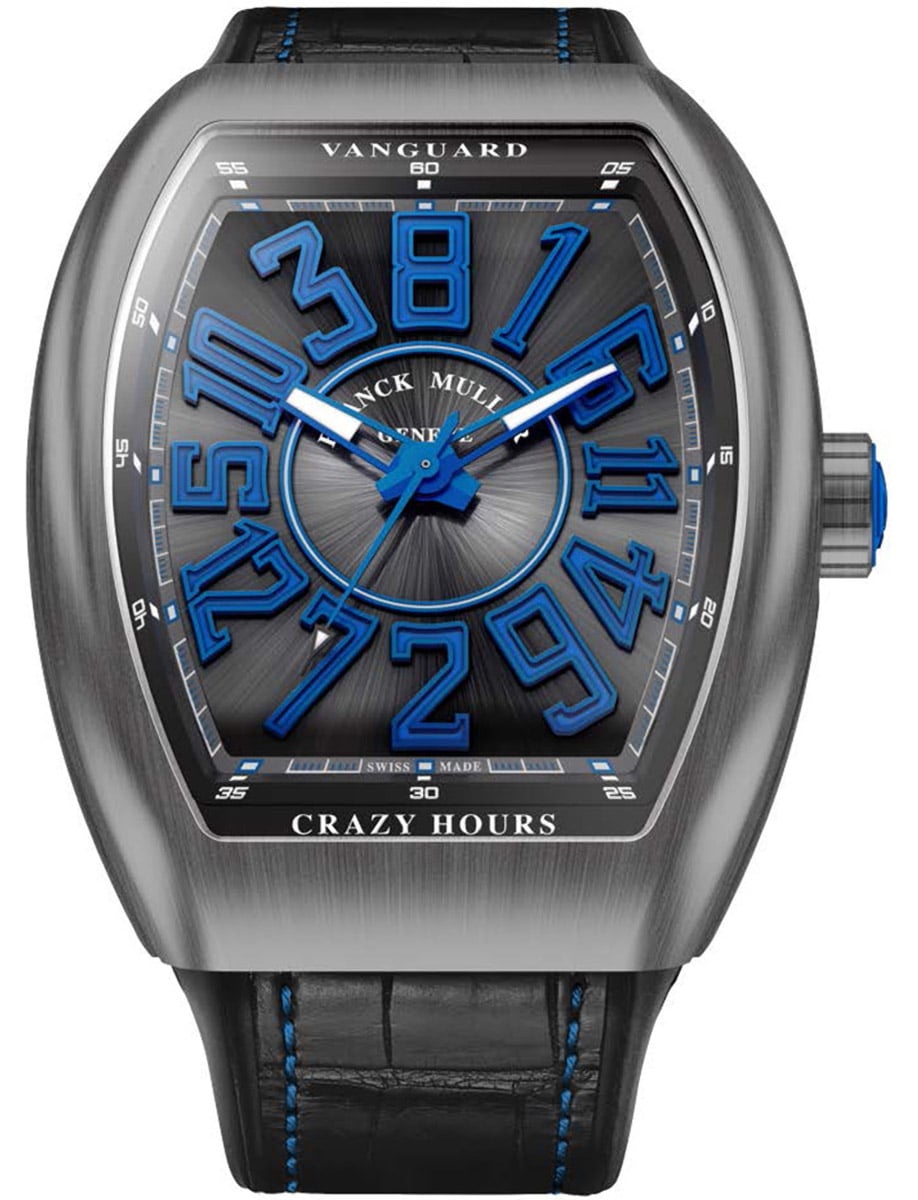 Vanguard Crazy Hours 45mm in Titanium - Limited Edition on Black Alligator Leather Strap with Grey Dial - Blue Accents