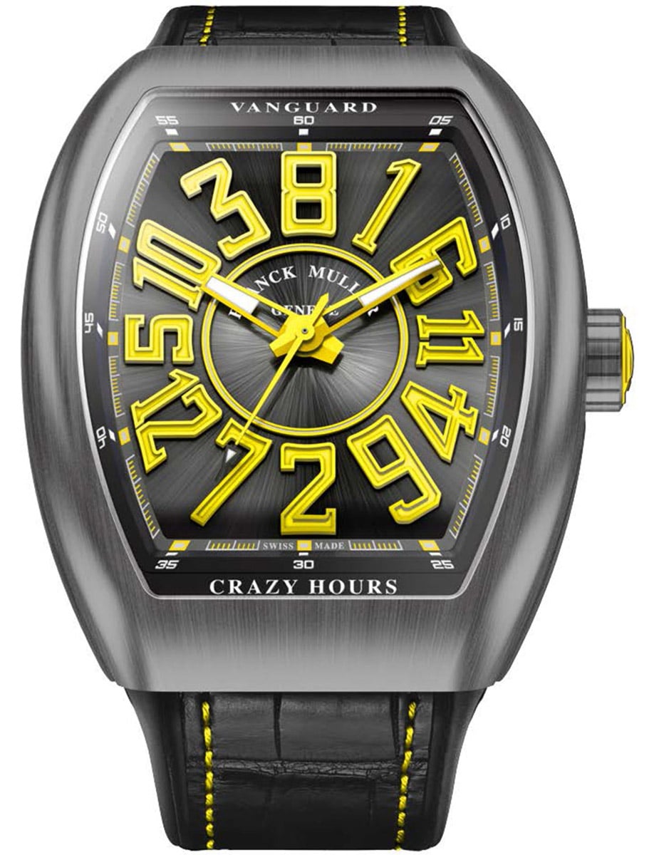 Vanguard Crazy Hours 45mm in Titanium - Limited Edition on Black Alligator Leather Strap with Grey Dial - Yellow Accents