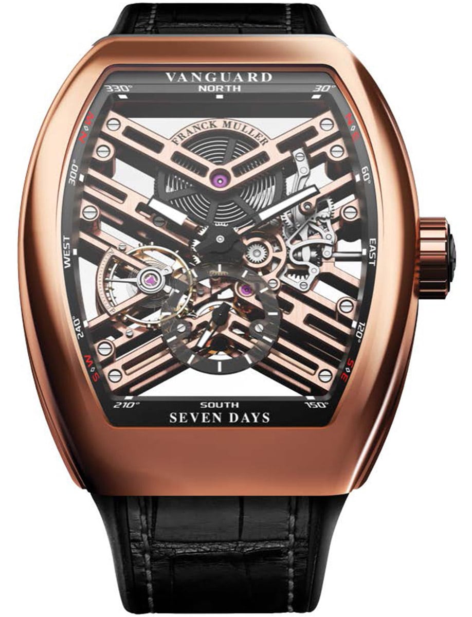 Vanguard 7 Day Power Reserve 45mm in Rose Gold on Black Alligator Leather Strap with Openworked Dial
