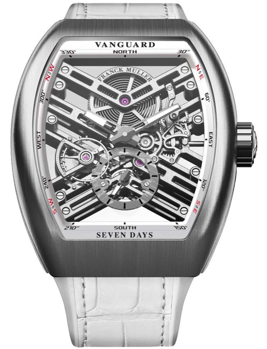 Vanguard 7 Day Power Reserve 45mm in Steel on White Alligator Leather Strap with Openworked Dial