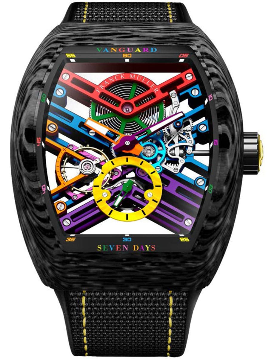 Vanguard 7 Day Power Reserve 45mm in Forged Carbon on Black Fabric Strap with Multicolored Openworked Dial