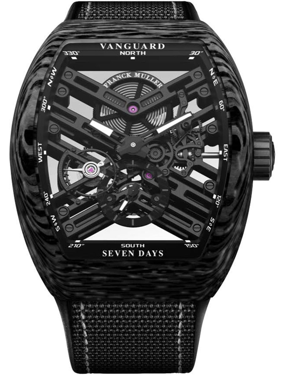 Vanguard 7 Day Power Reserve 45mm in Forged Carbon on Black Fabric Strap with Black Openworked Dial