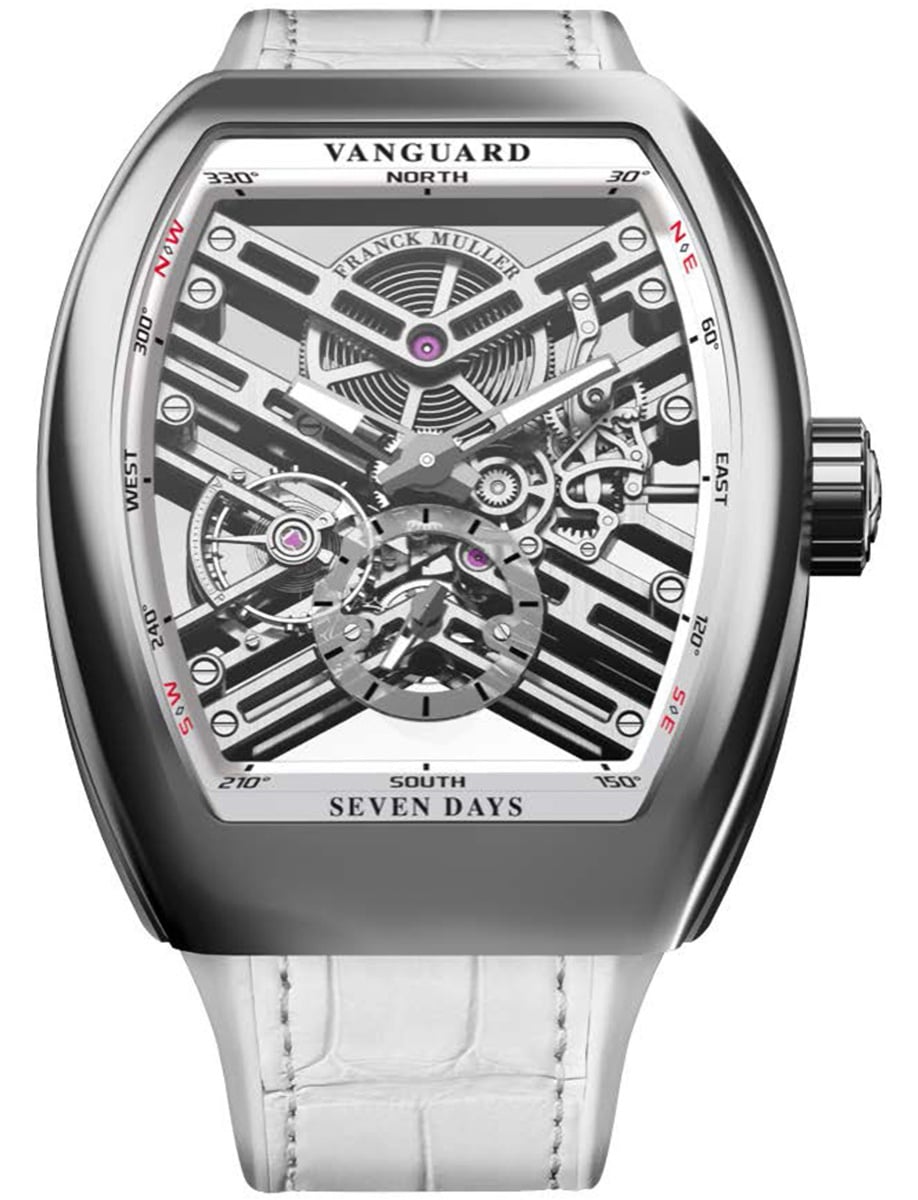 Vanguard 7 Day Power Reserve 45mm in White Gold on White Alligator Leather Strap with Openworked Dial
