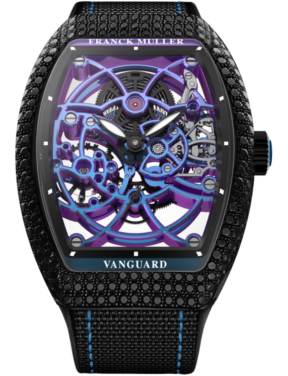 Vanguard 35mm in Steel with Black Diamond Case on Black Fabric Strap with Skeleton Dial