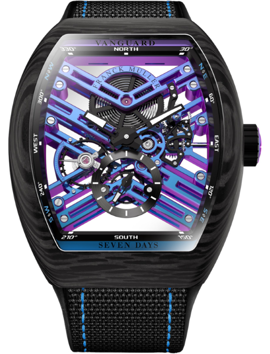 Vanguard 7 Day Power Reserve 44mm in Forged Carbon on Black Fabric Strap with Purple Openworked Dial