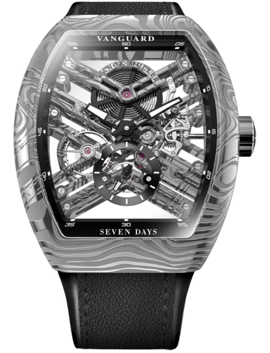 Vanguard 7 Day Power Reserve 41mm in Damascus Steel on Black Alligator Leather Strap with Skeleton Dial