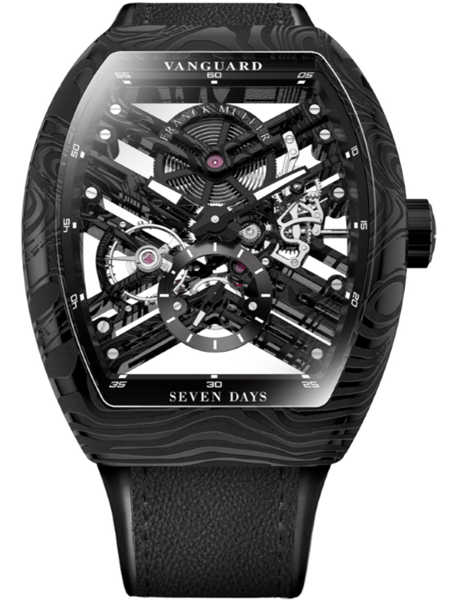 Vanguard 7 Day Power Reserve 41mm in Black Steel on Black Alligator Leather Strap with Skeleton Dial