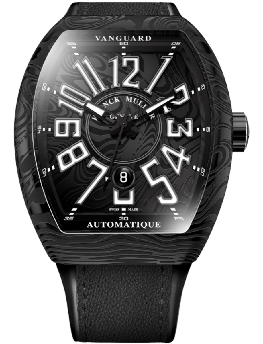 Vanguard Date 44mm in Black Damascus Steel on Black Alligator Leather Strap with Black Dial