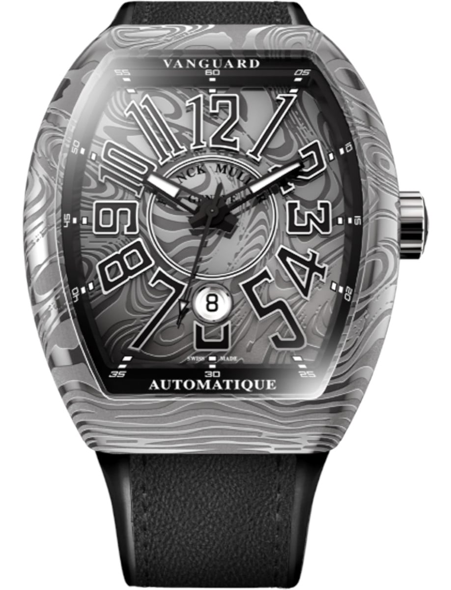 Vanguard Date 44mm in Black Damascus Steel on Black Alligator Leather Strap with Silver Dial