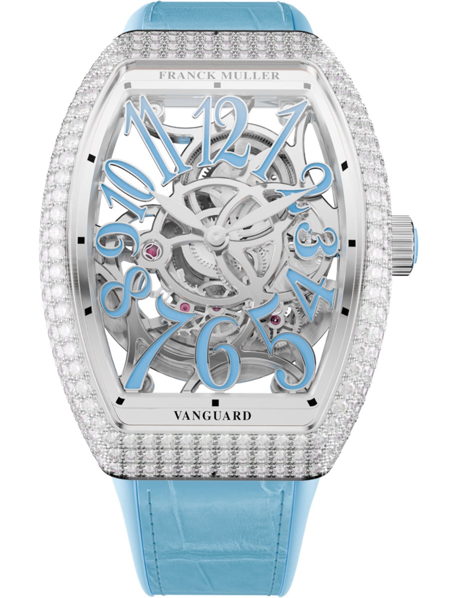 Vanguard Slim 35mm in Steel with Pave Diamond Case on Turquoise Blue Alligator Leather Strap with Skeleton Dial