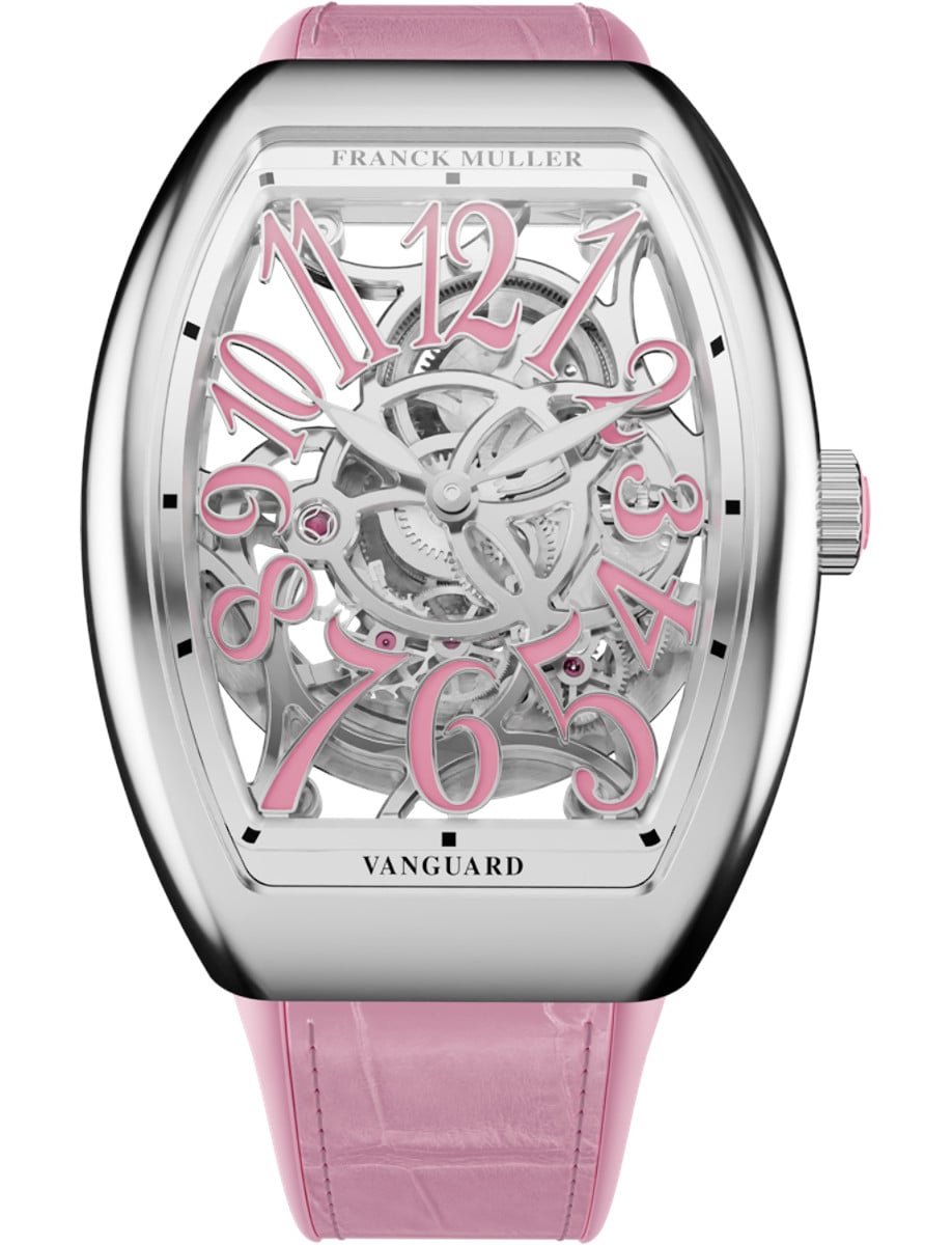 Vanguard Slim 35mm in White Gold on Pink Alligator Leather Strap with Skeleton Dial