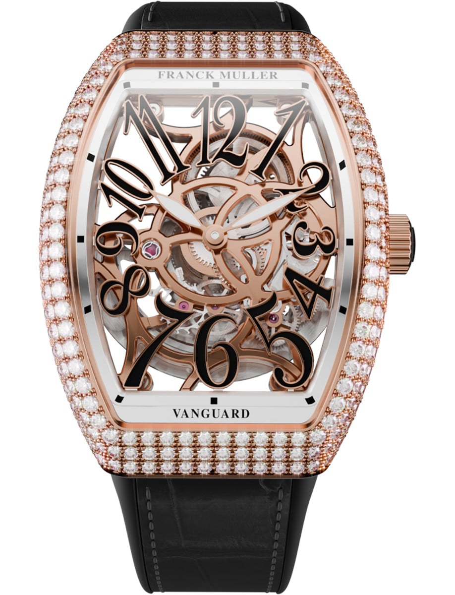 Vanguard Slim 35mm in Rose Gold with Pave Diamond Case on Black Alligator Leather Strap with Skeleton Dial