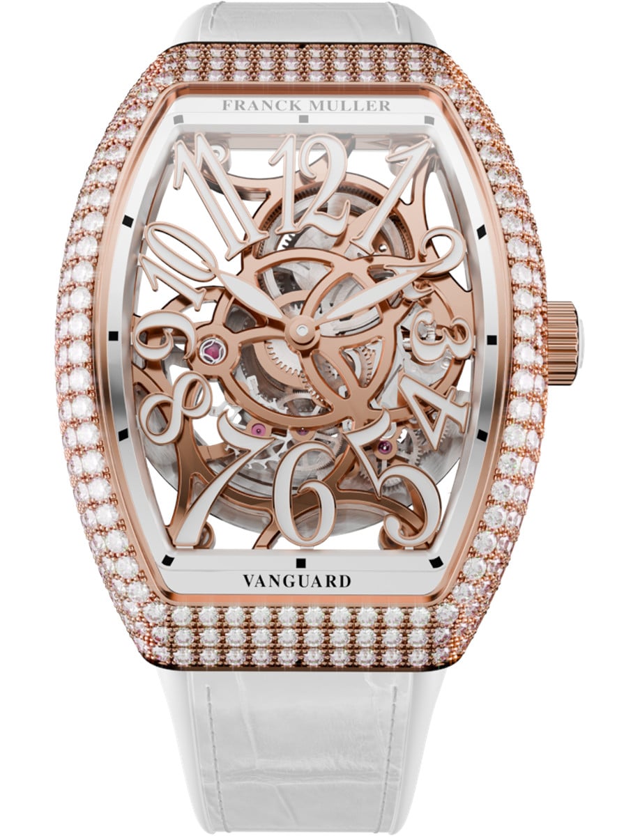 Vanguard Slim 35mm in Rose Gold with Pave Diamond Case on White Alligator Leather Strap with Skeleton Dial