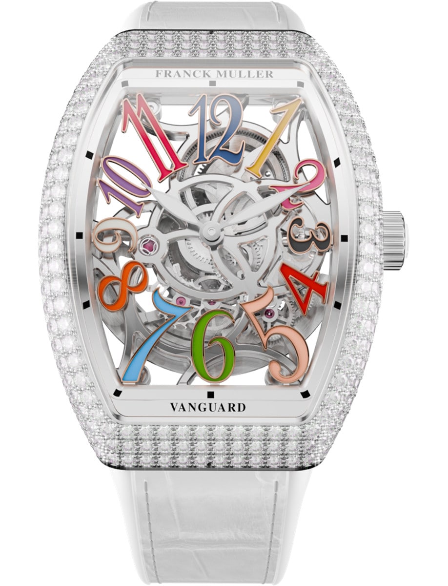 Vanguard Slim 35mm in Steel with Pave Diamond Case on White Alligator Leather Strap with Skeleton Dial