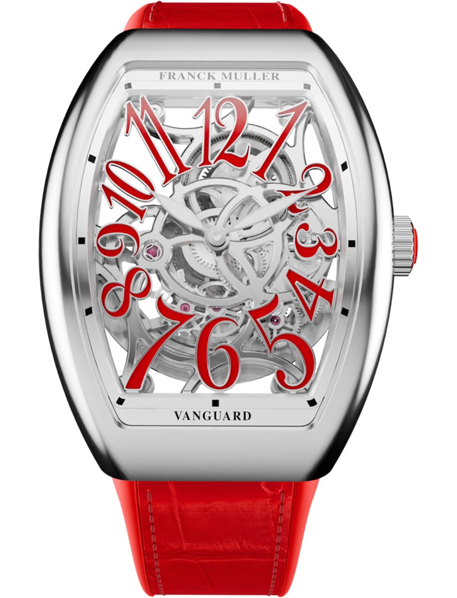 Vanguard Slim 35mm in Steel  on Red Alligator Leather Strap with Skeleton Dial