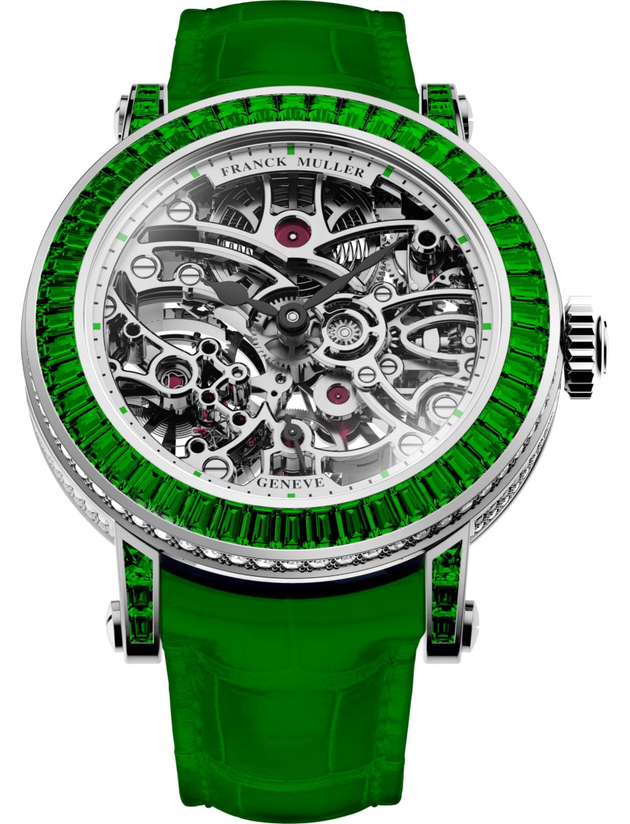 Round 30.5mm in White Gold with Green Baguette Diamond Bezel on Green Crocodile Leather Strap with Skeleton Dial
