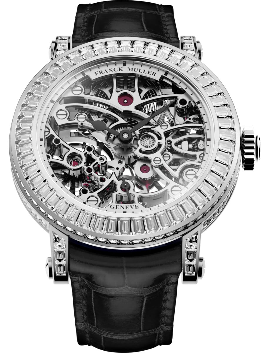 Round 30.5mm in White Gold with Baguette Diamond Bezel on Black Crocodile Leather Strap with Skeleton Dial
