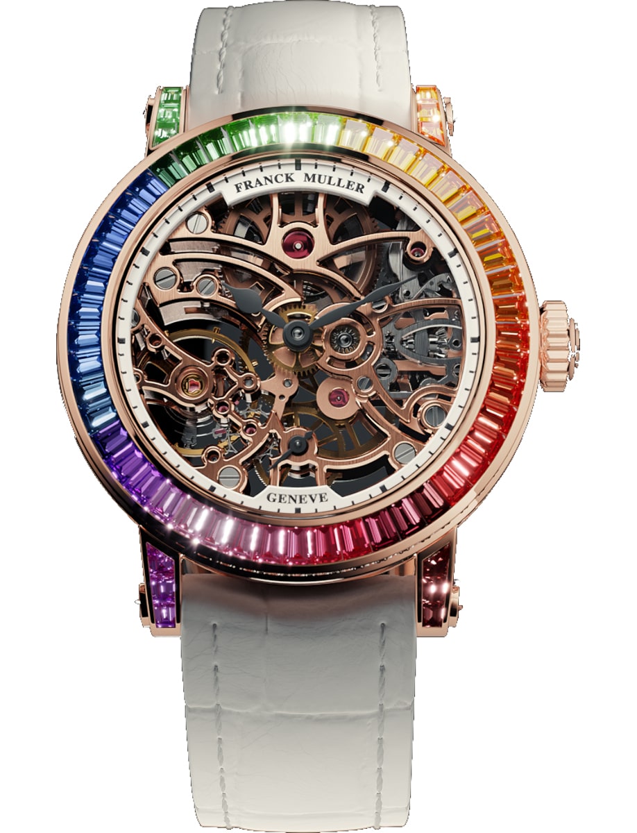 Round 30.5mm in Rose Gold with Rainbow Baguette Diamond Bezel on White Crocodile Leather Strap with Skeleton Dial