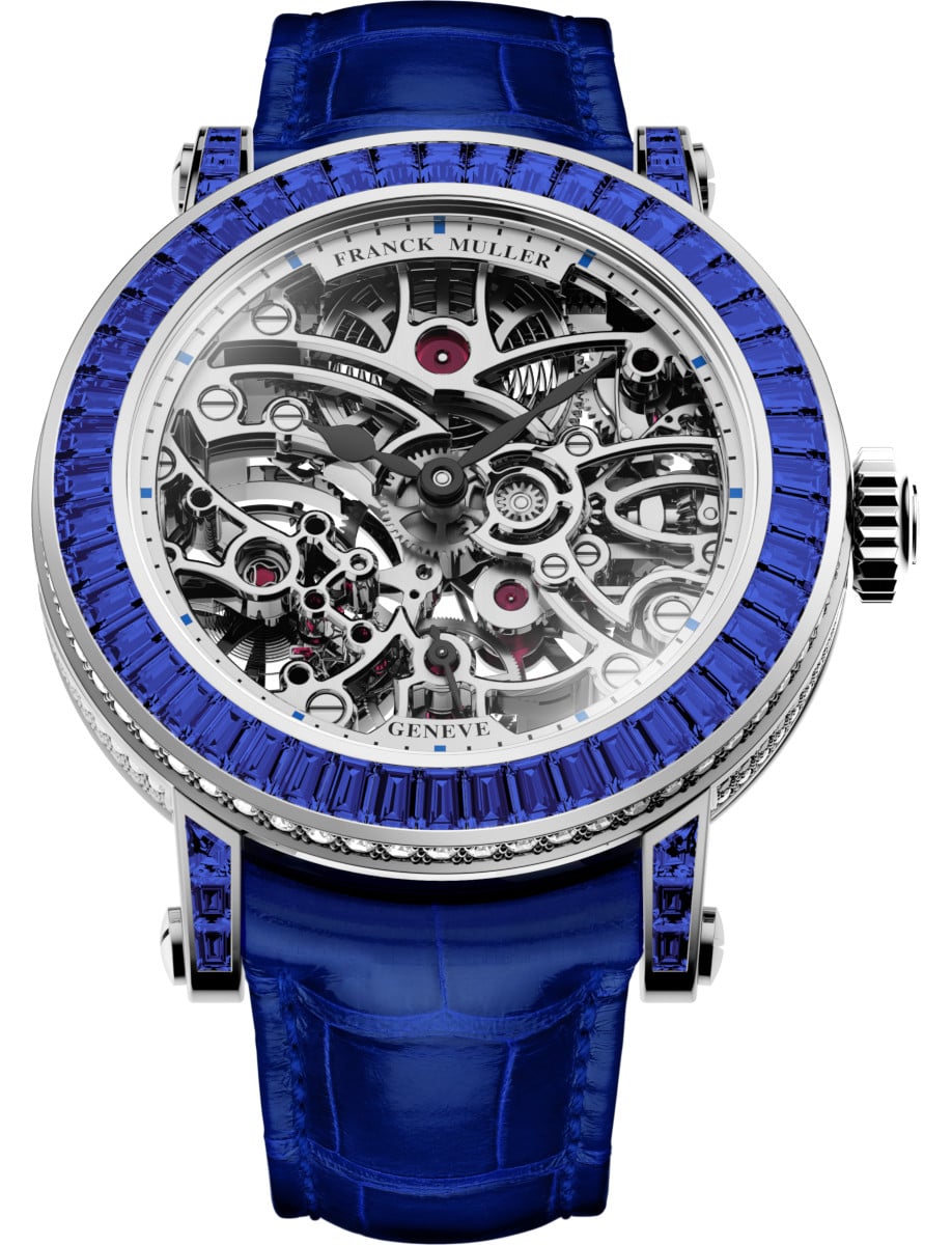 Round 30.5mm in White Gold with Blue Baguette Diamond Bezel on Blue Crocodile Leather Strap with Skeleton Dial