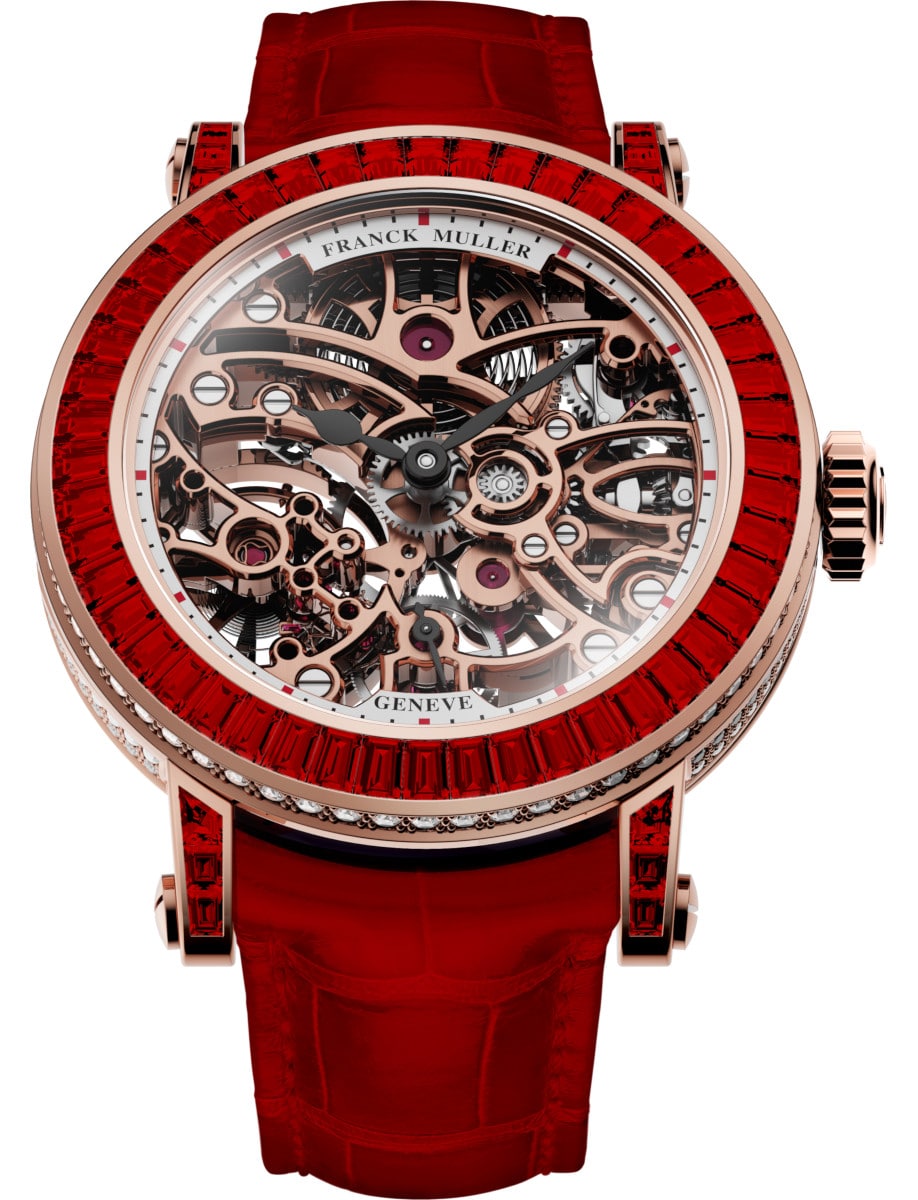 Round 30.5mm in Rose Gold with Red Baguette Diamond Bezel on Red Crocodile Leather Strap with Skeleton Dial