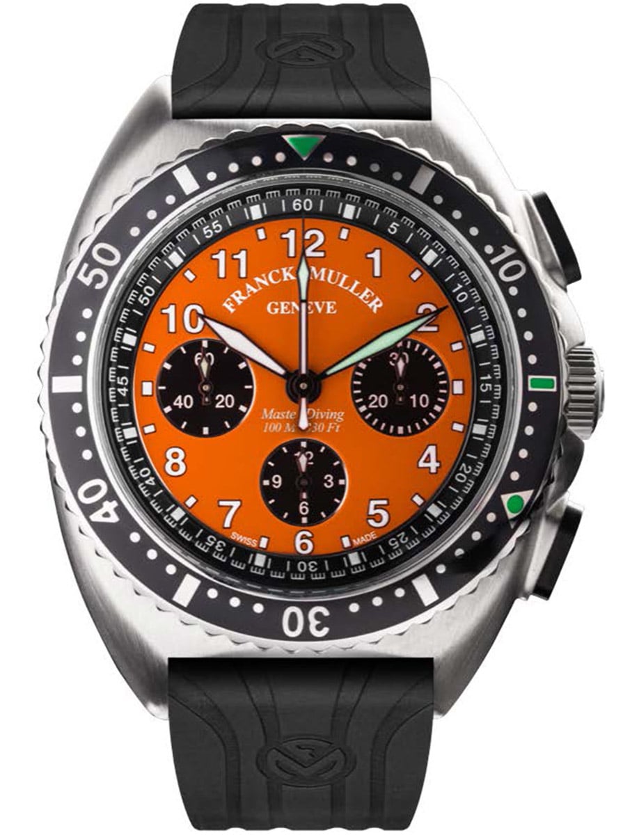 Round 44mm in Steel with Black Bezel on Black Rubber Strap with Orange Dial