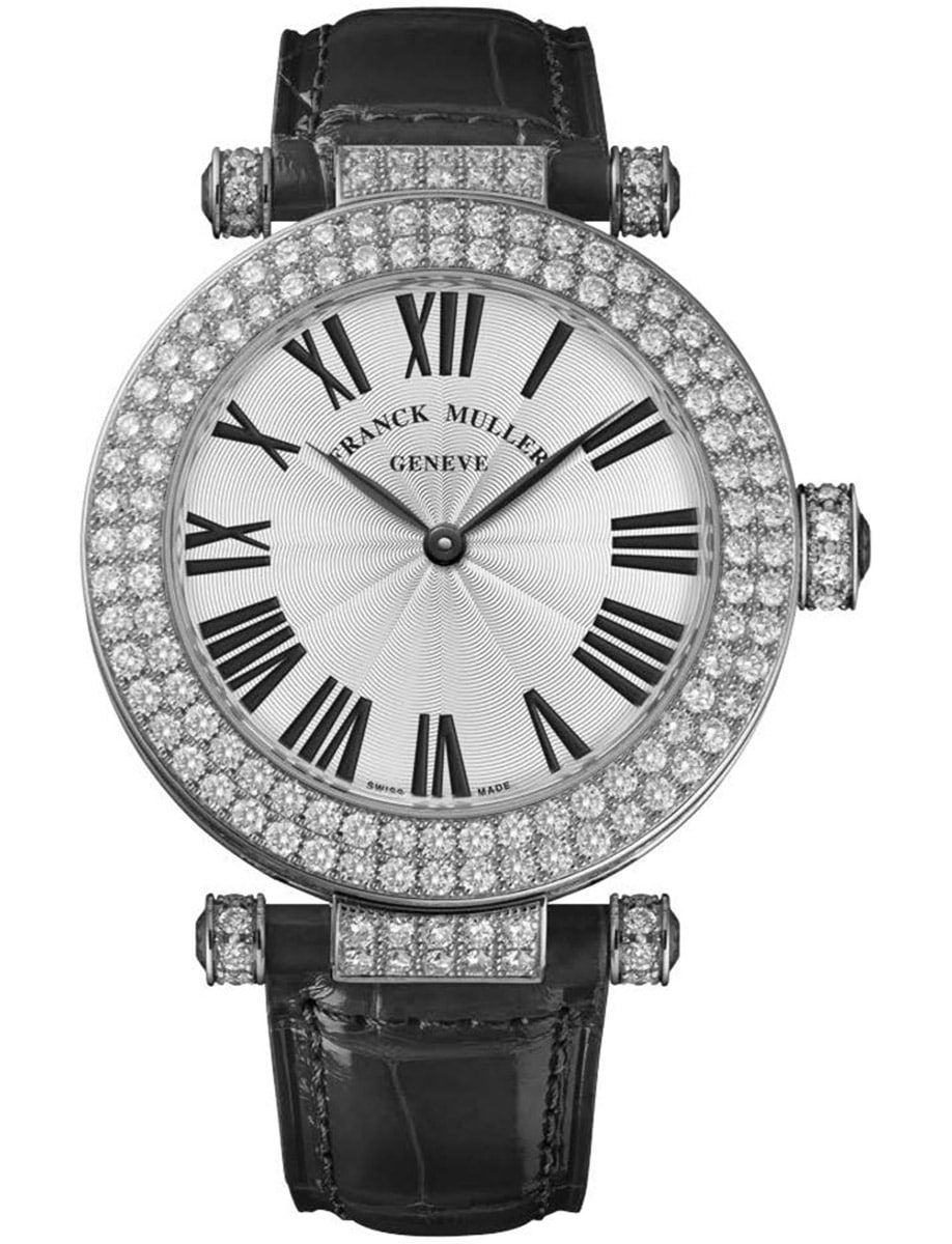 Round 36mm in Steel with Pave Diamond on Black Alligator Leather Strap with Silver Dial