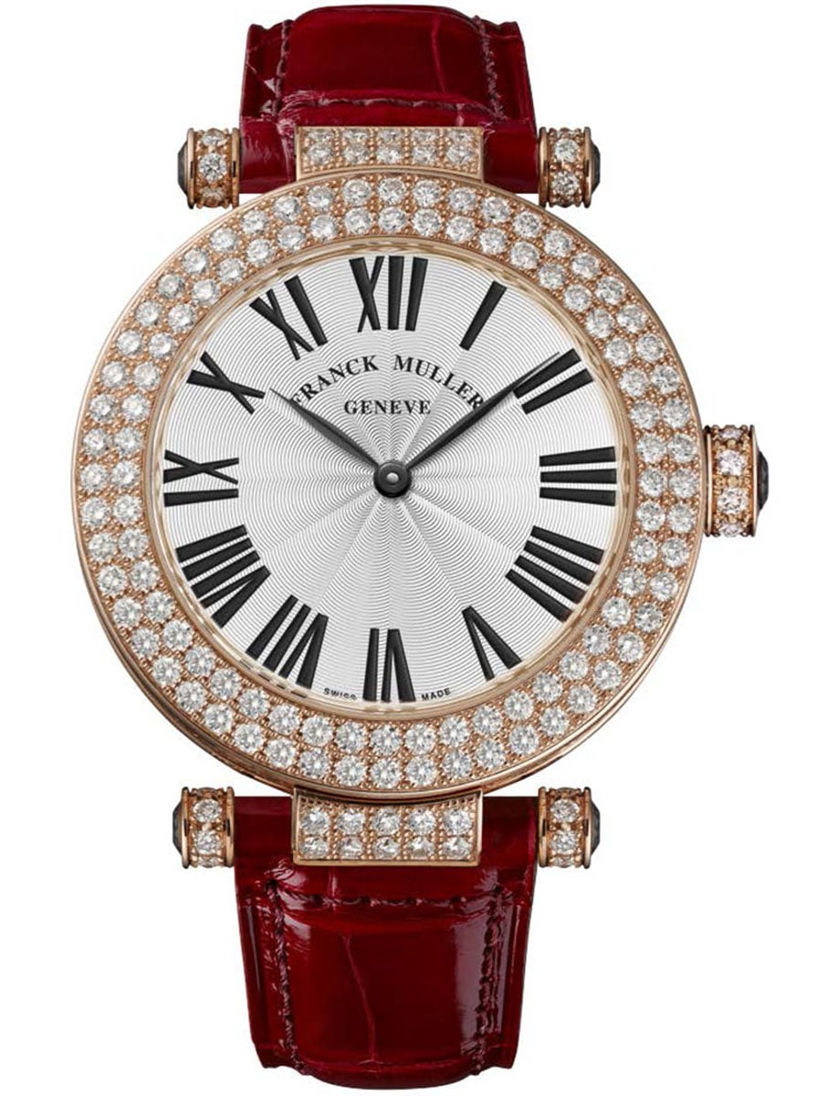 Round 39mm in Rose Gold with Pave Diamond on Red Alligator Leather Strap with Silver Dial